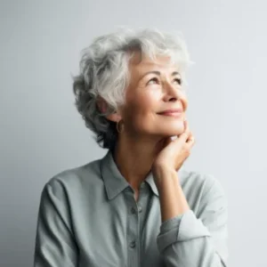An elderly woman with short, curly grey hair and wearing a grey shirt is sitting and resting her chin on her hand, looking thoughtful.