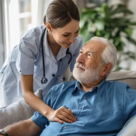 Nurse checking on smiling elderly man in bed.