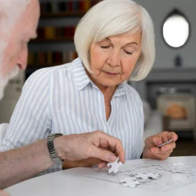 Senior woman focused on assembling a puzzle.