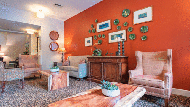 A cozy living room features modern furniture, a wood table with plants, and an orange accent wall decorated with framed pictures and plates.