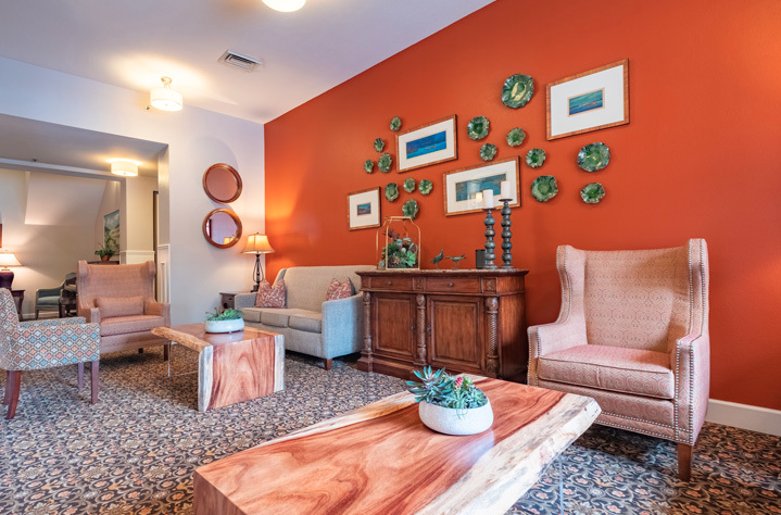 A cozy living room features modern furniture, a wood table with plants, and an orange accent wall decorated with framed pictures and plates.