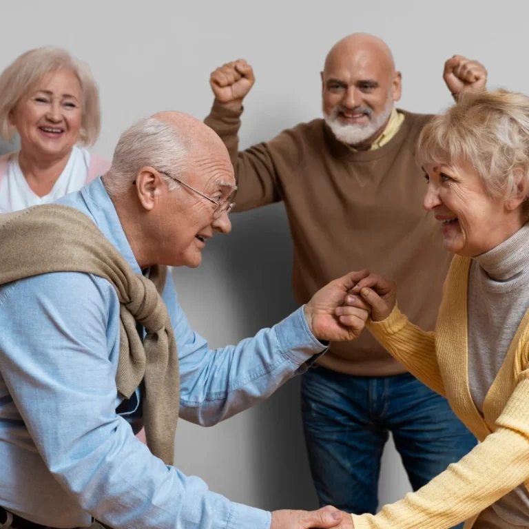 Seniors stretching arms together in a group activity.